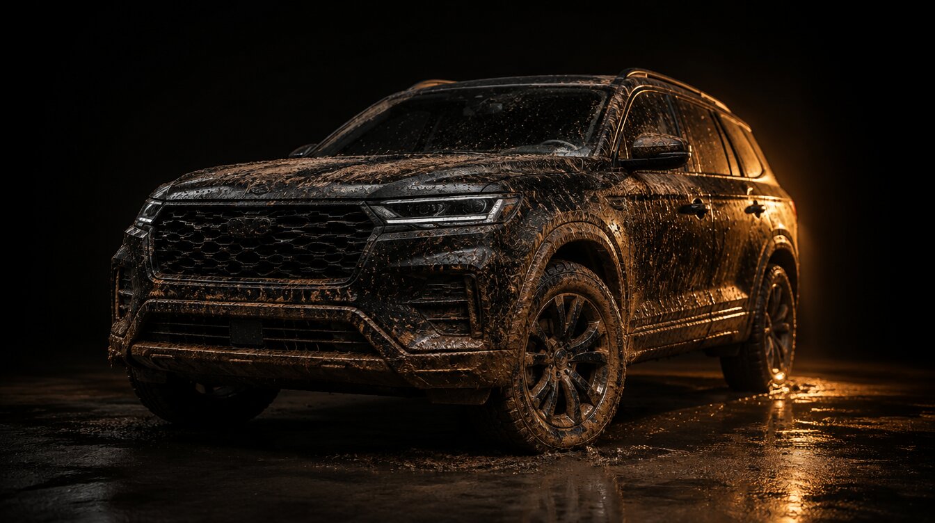 Mud-covered SUV waiting for a detail at The Old Sailor